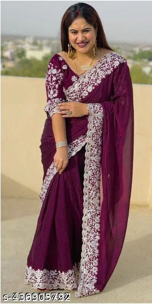 Georgette Embroidered Elegant Purple Color Saree With Blouse Saree For Women Trending Saree For Women Bollywood Stylish Fancy Party Wear Wedding Festive Bridal Saree/Saree For Women